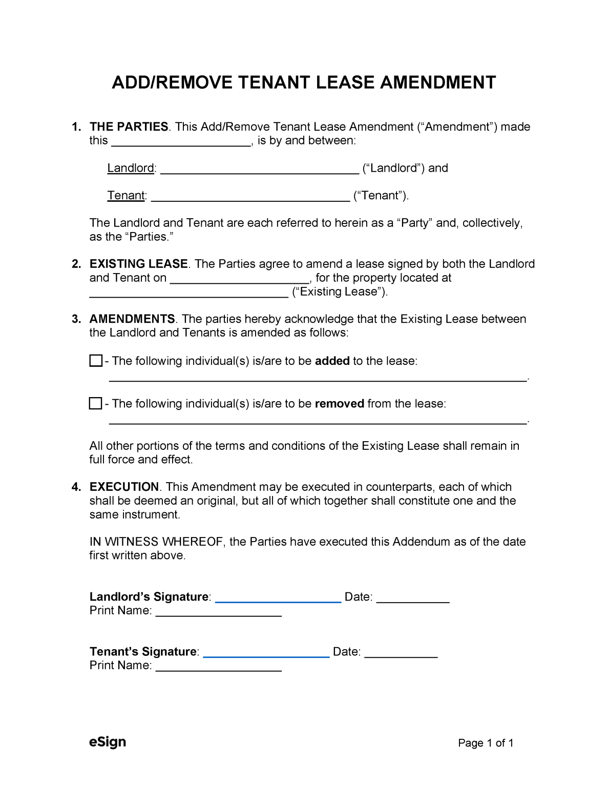 Free Add/Remove Tenant Lease Amendment Form | PDF | Word