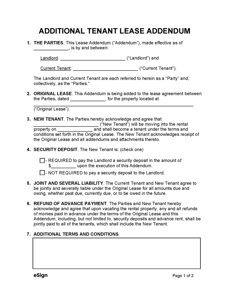 Free Additional Tenant Lease Addendum Form PDF Word