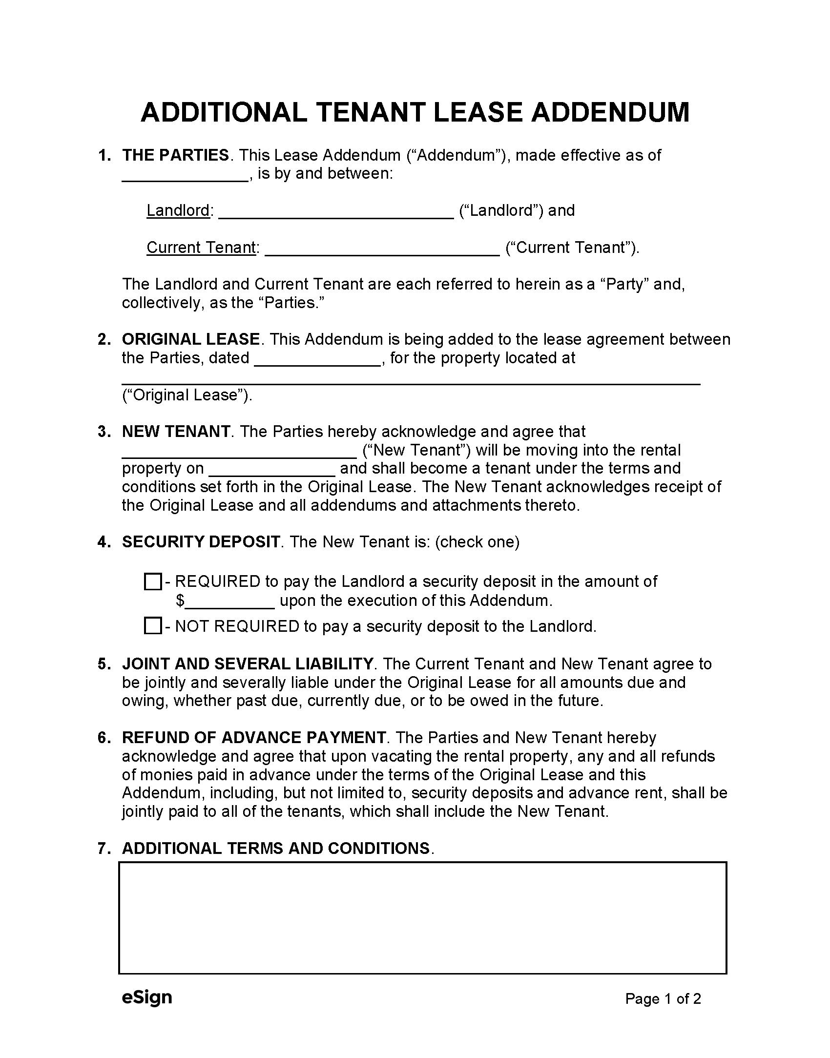 Additional Tenant Lease Addendum Form Addendum To Lease Agreement ...