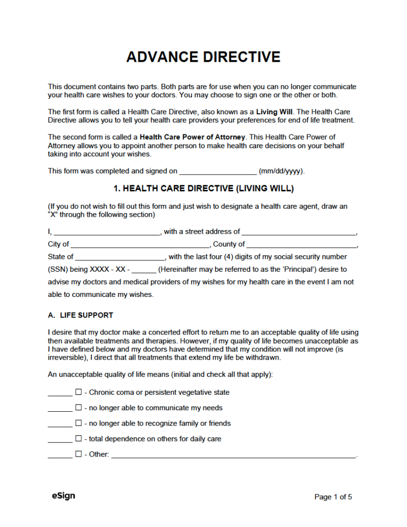 Free Power Of Attorney Forms PDF Word   Advance Directive Template 792x1024 