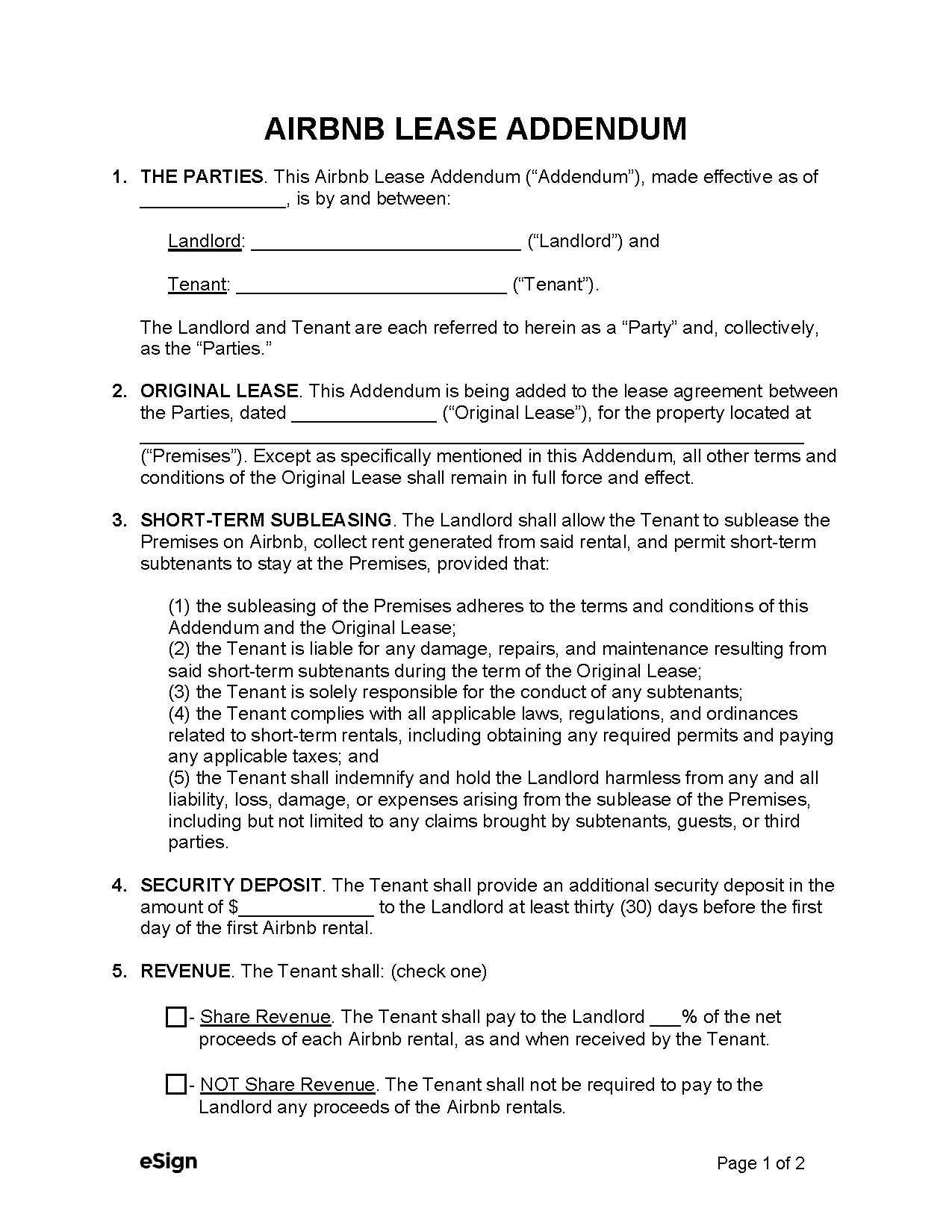 Free Airbnb Lease Addendum PDF Word