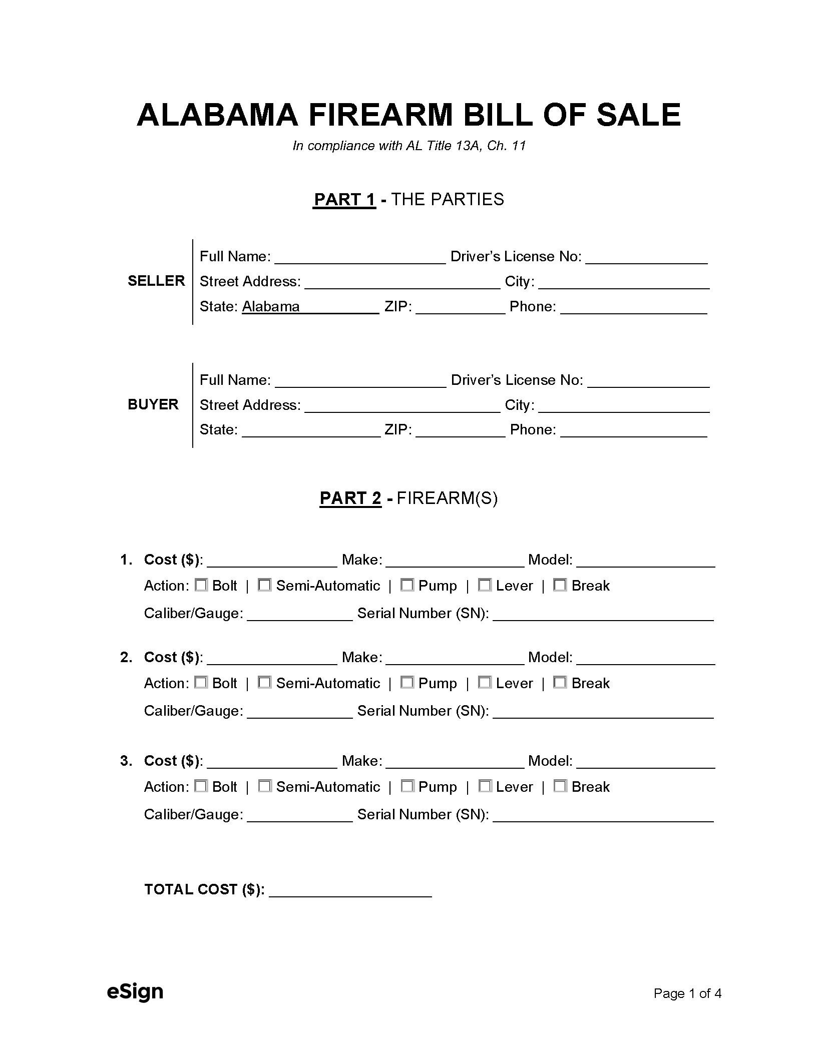 Free Alabama Firearm Bill Of Sale Form PDF Word