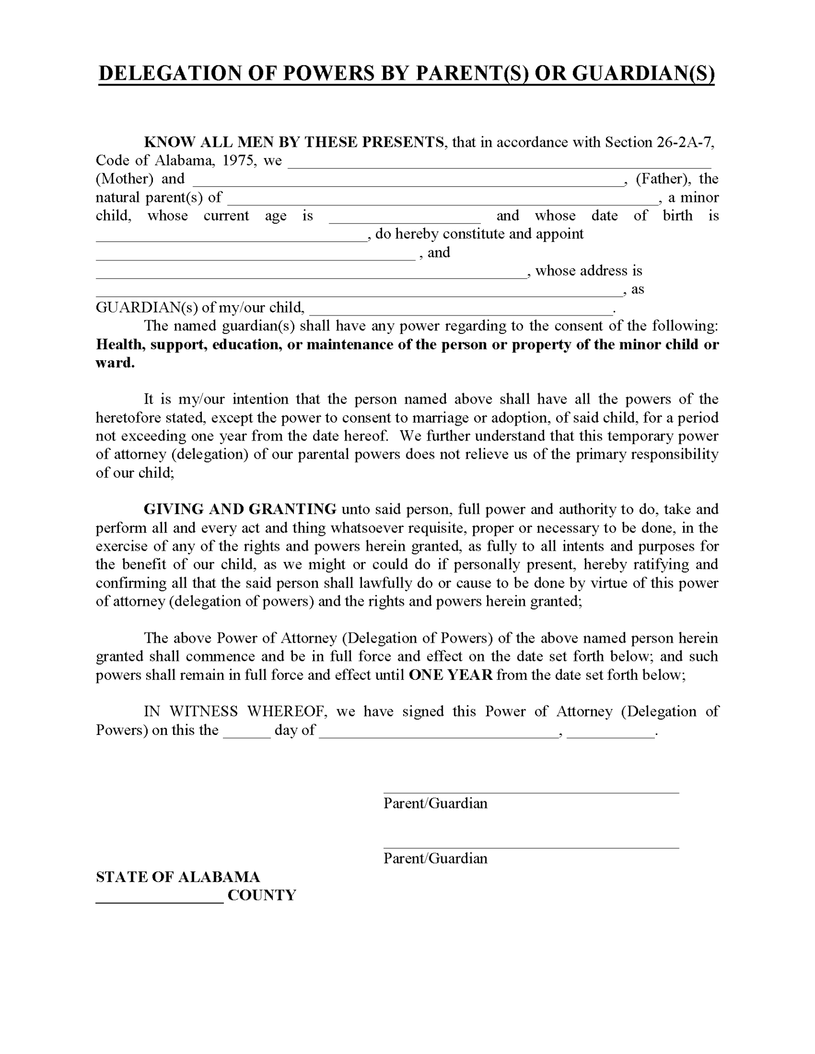 Free Alabama Minor (Child) Power of Attorney Form PDF