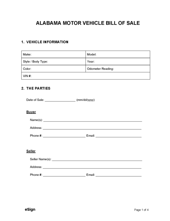 Free Alabama Motor Vehicle Bill of Sale Form PDF Word
