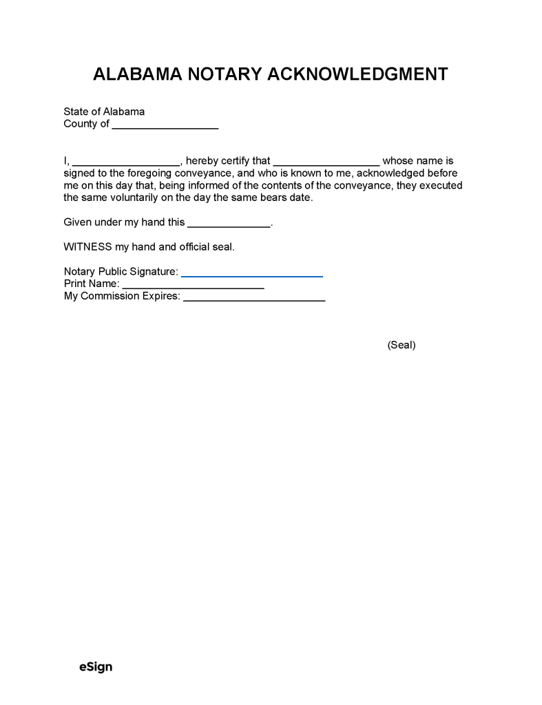 Picture of Free Alabama Notary Acknowledgment Form | Online Notary | PDF | Word