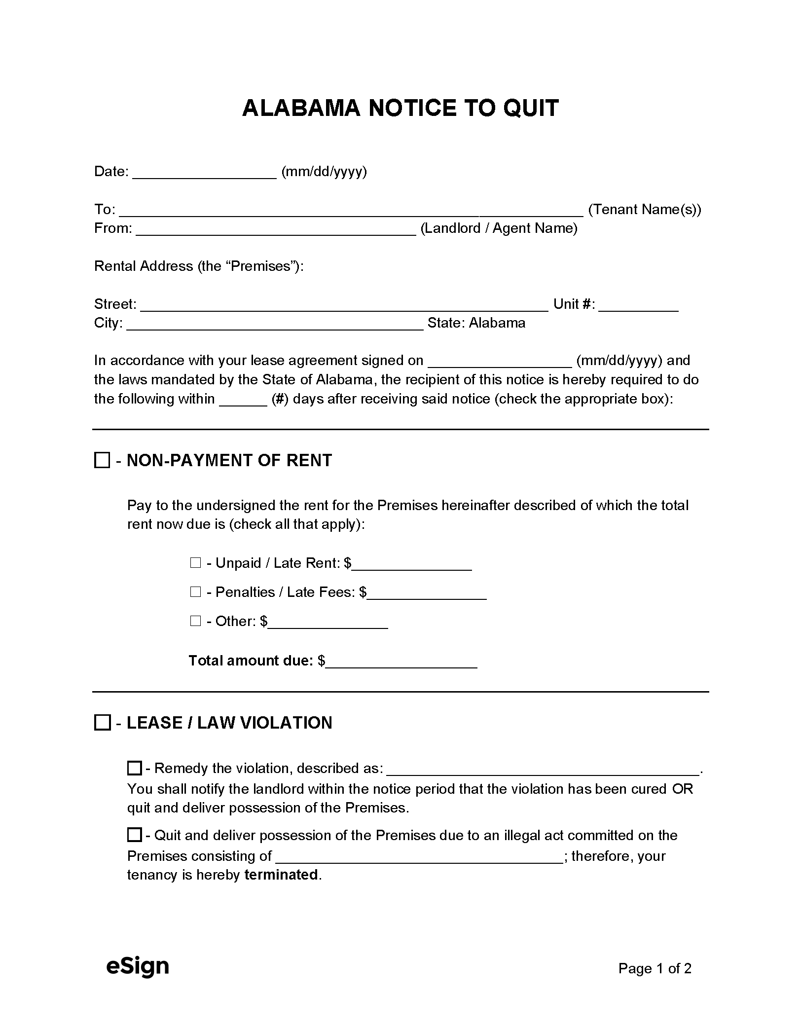 Free Alabama Eviction Notice Templates Laws PDF Word