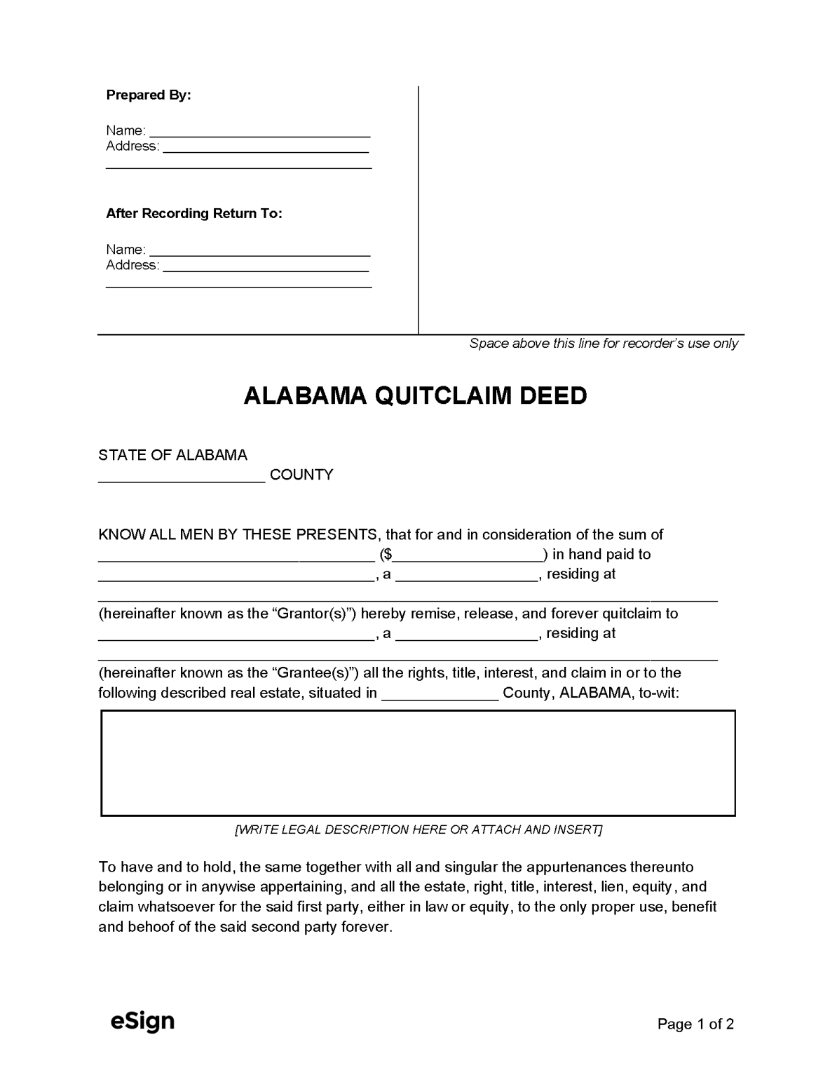 Free Alabama Quitclaim Deed Form | PDF | Word