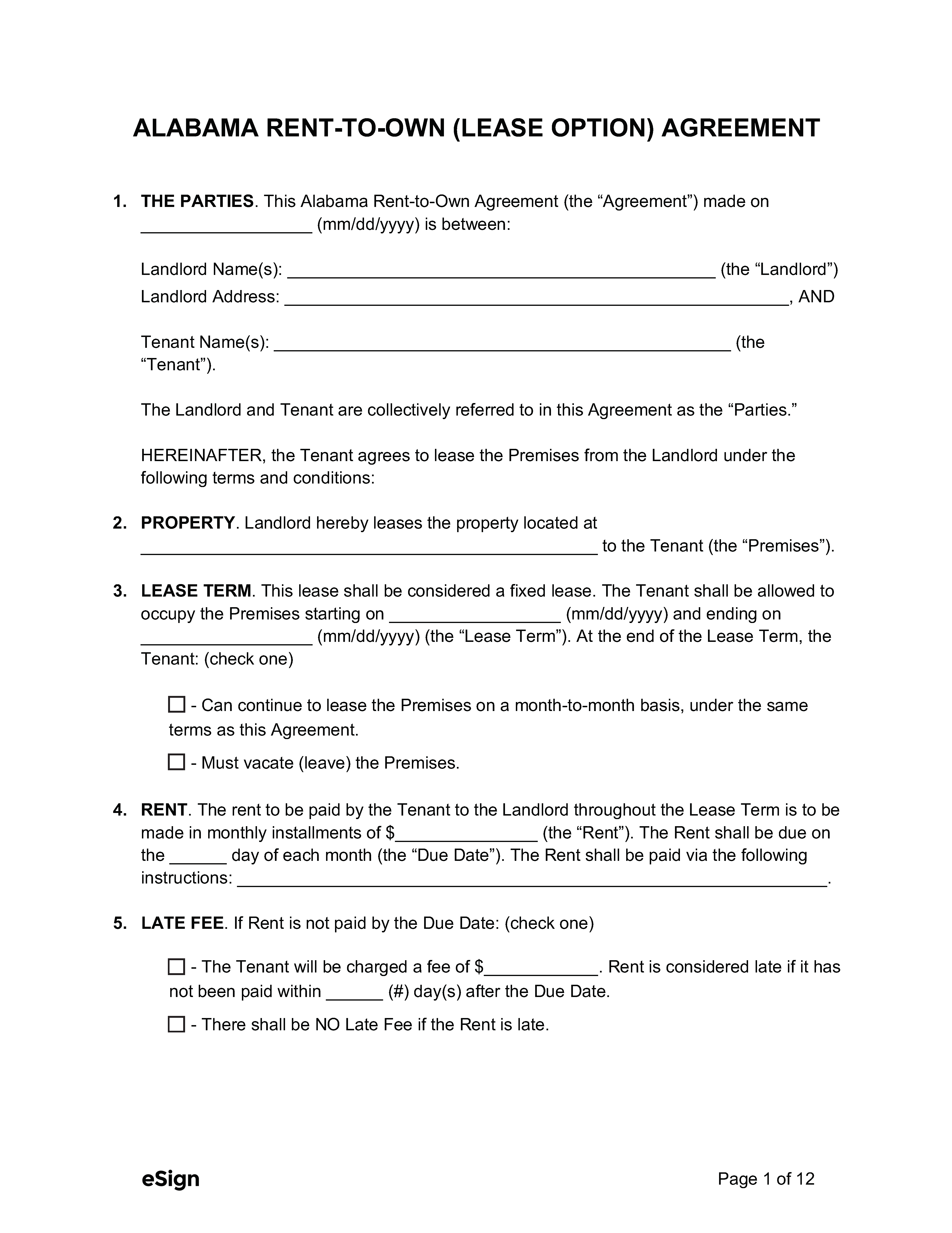 Free Alabama Rent to Own Lease Option Agreement PDF Word