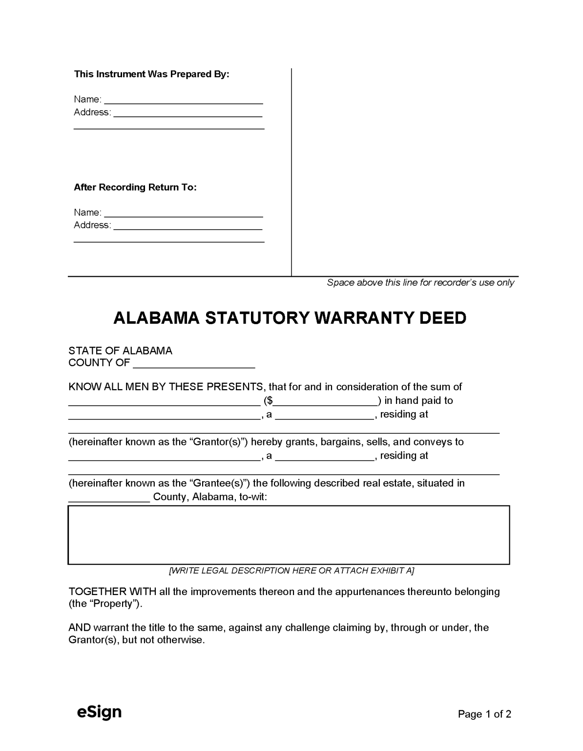 Free Alabama General Warranty Deed Form | PDF | Word