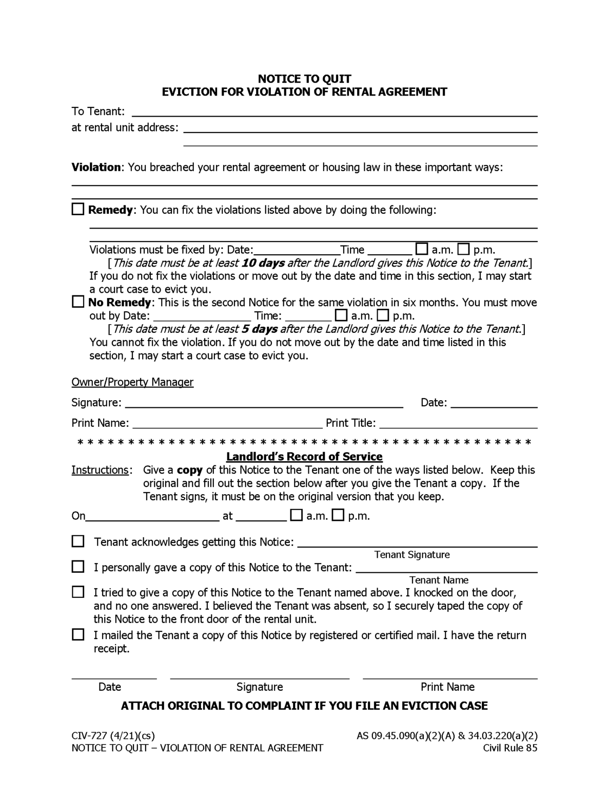 Free Alaska 10-Day Notice to Quit | Non-Compliance (Form CIV-727) | PDF