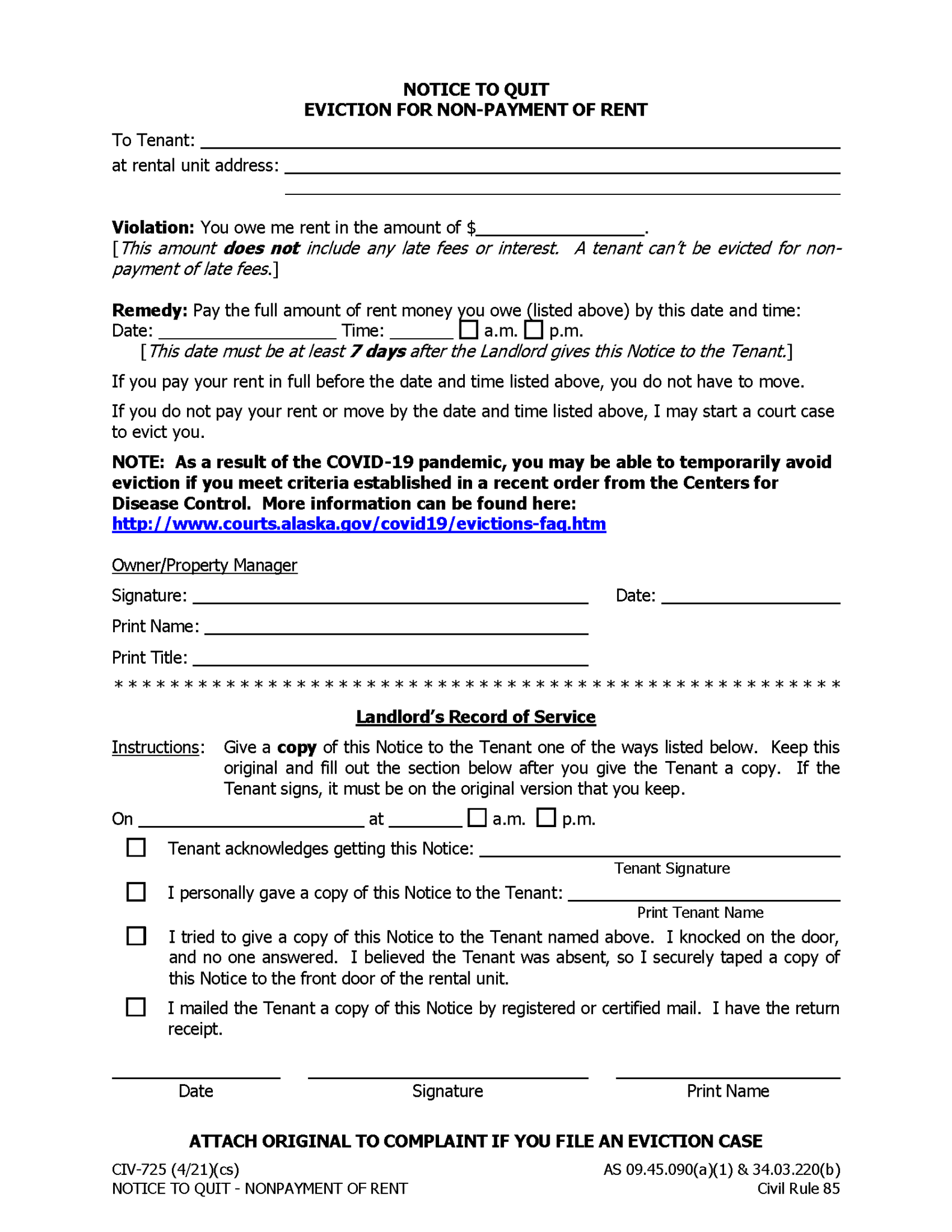 Free Alaska 7Day Notice to Quit NonPayment (Form CIV725) PDF