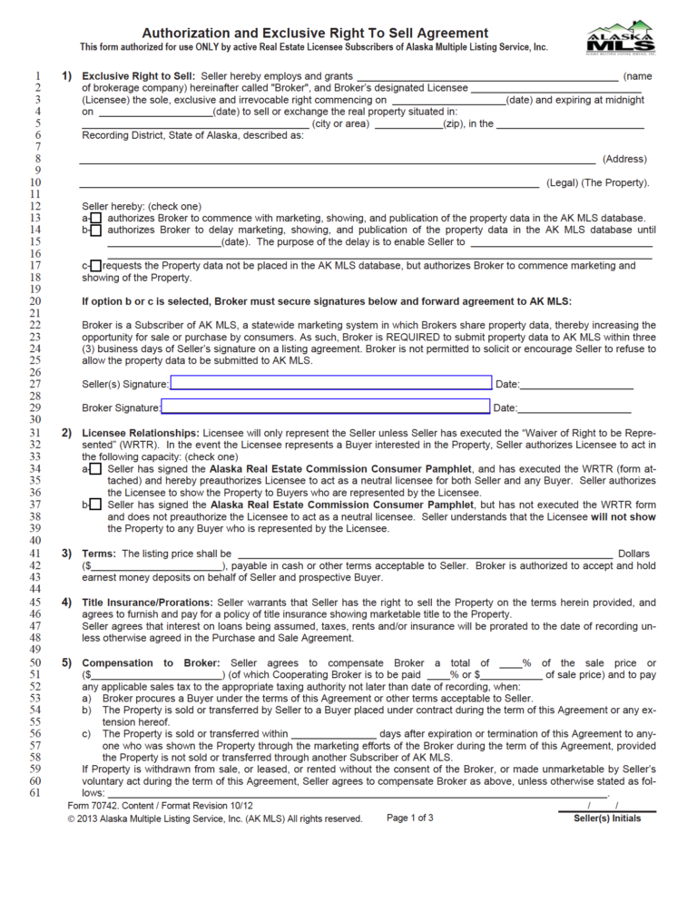 Free Alaska Real Estate Listing Agreement PDF Word   Alaska Authorization And Exclusive Right To Sell Agreement 768x994 