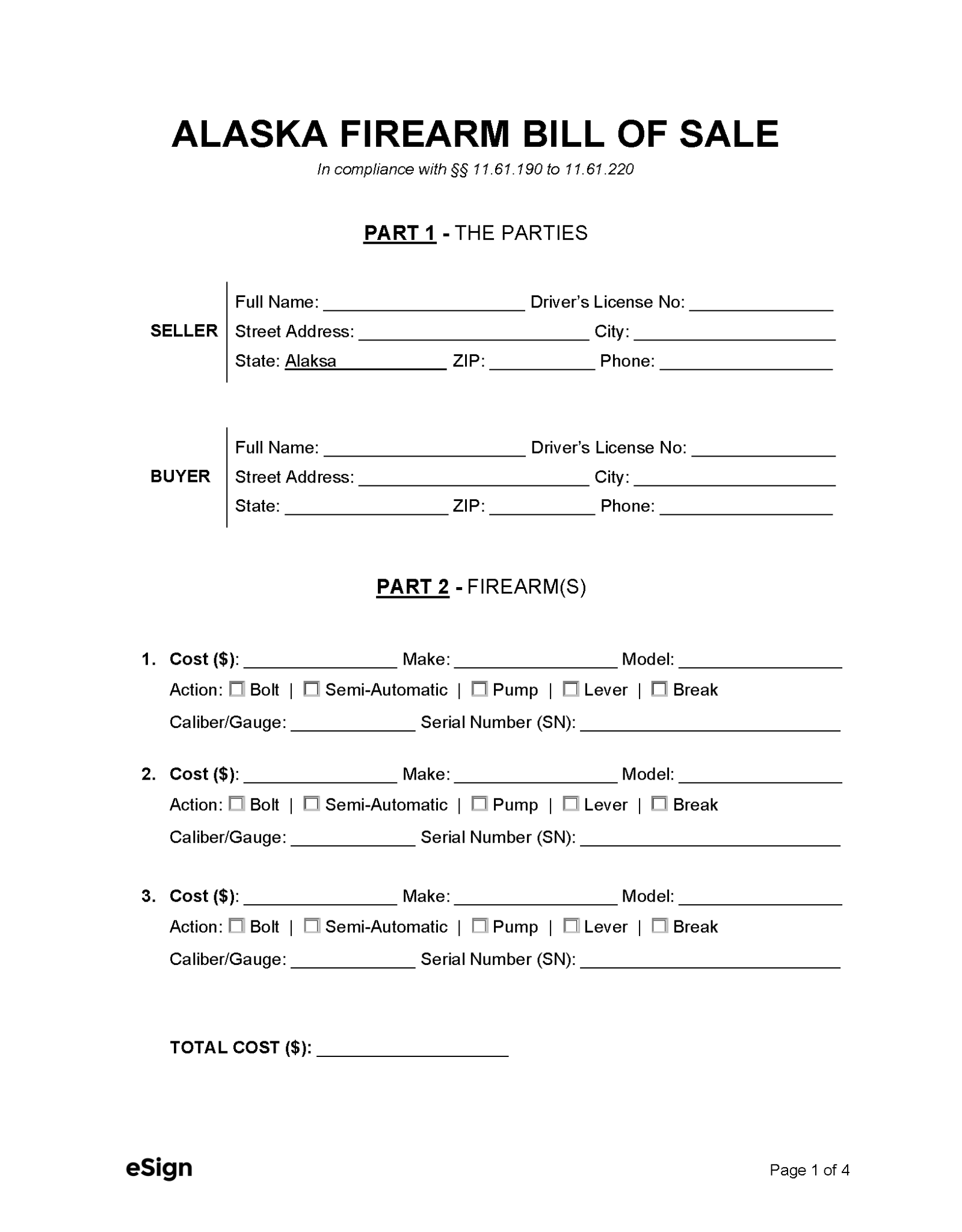 Free Alaska Firearm Bill of Sale Form | PDF | Word