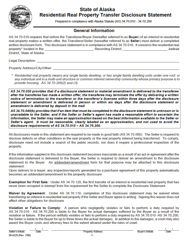 Free Alaska Property Disclosure Statement PDF
