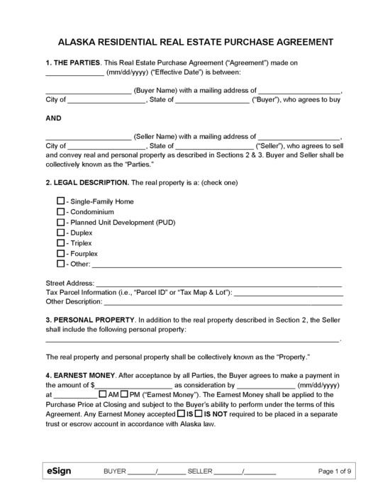 Free Alaska Residential Purchase and Sale Agreement PDF Word