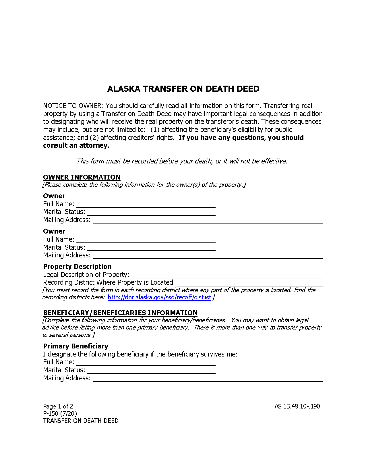 Free Alaska Transfer on Death Deed Form - PDF | Word