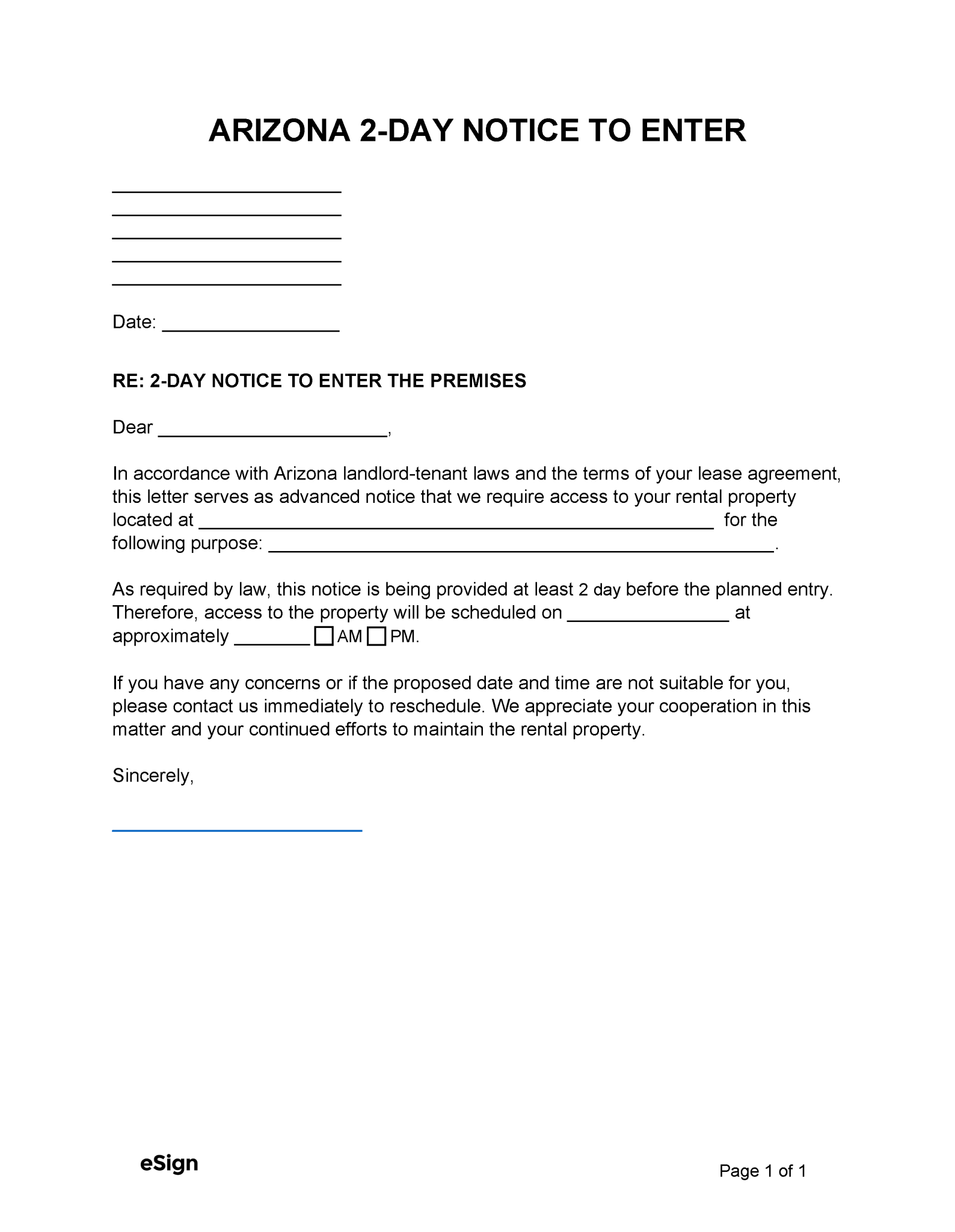 Free arizona landlord notice to enter 2 day pdf word