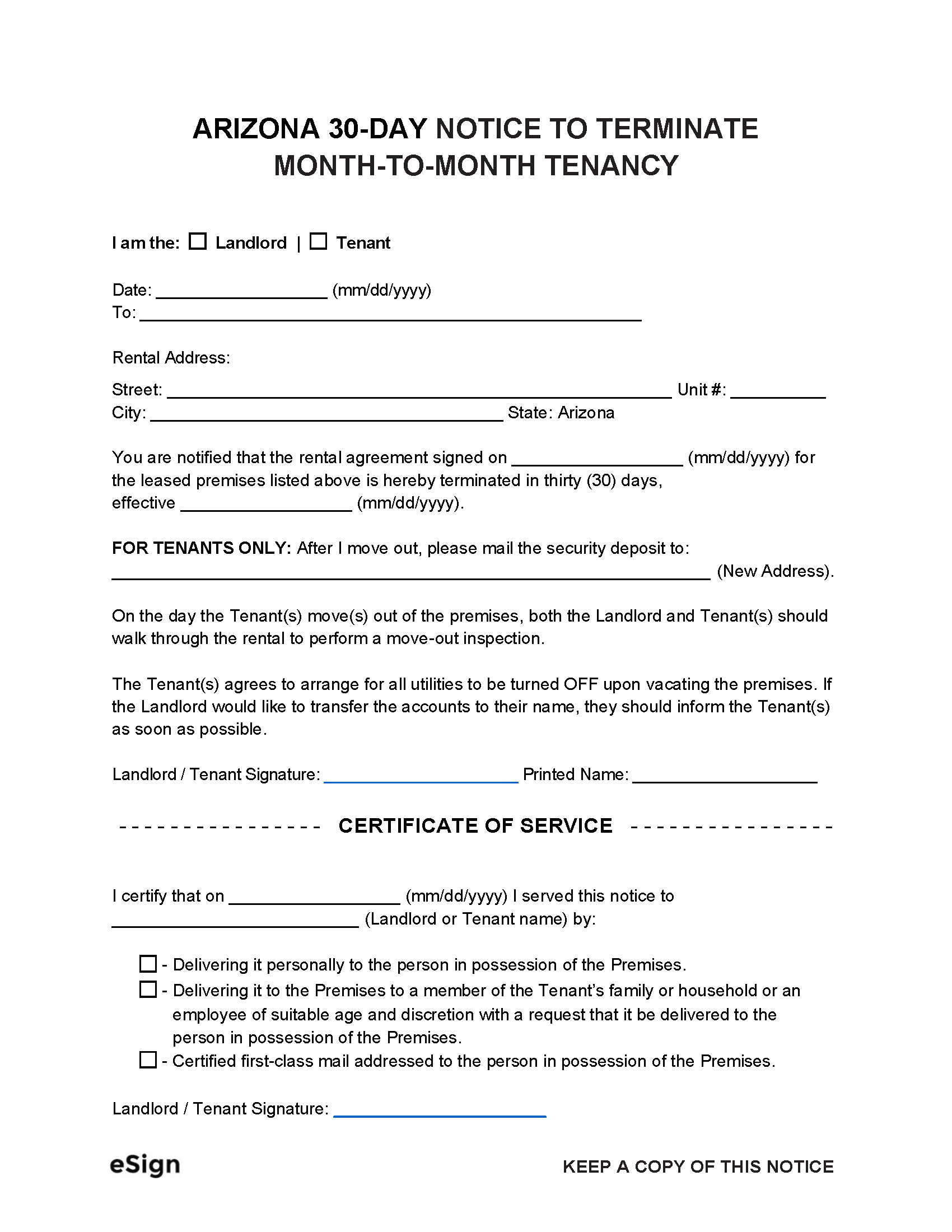 Free Arizona 30Day Notice to Quit Lease Termination Letter PDF Word