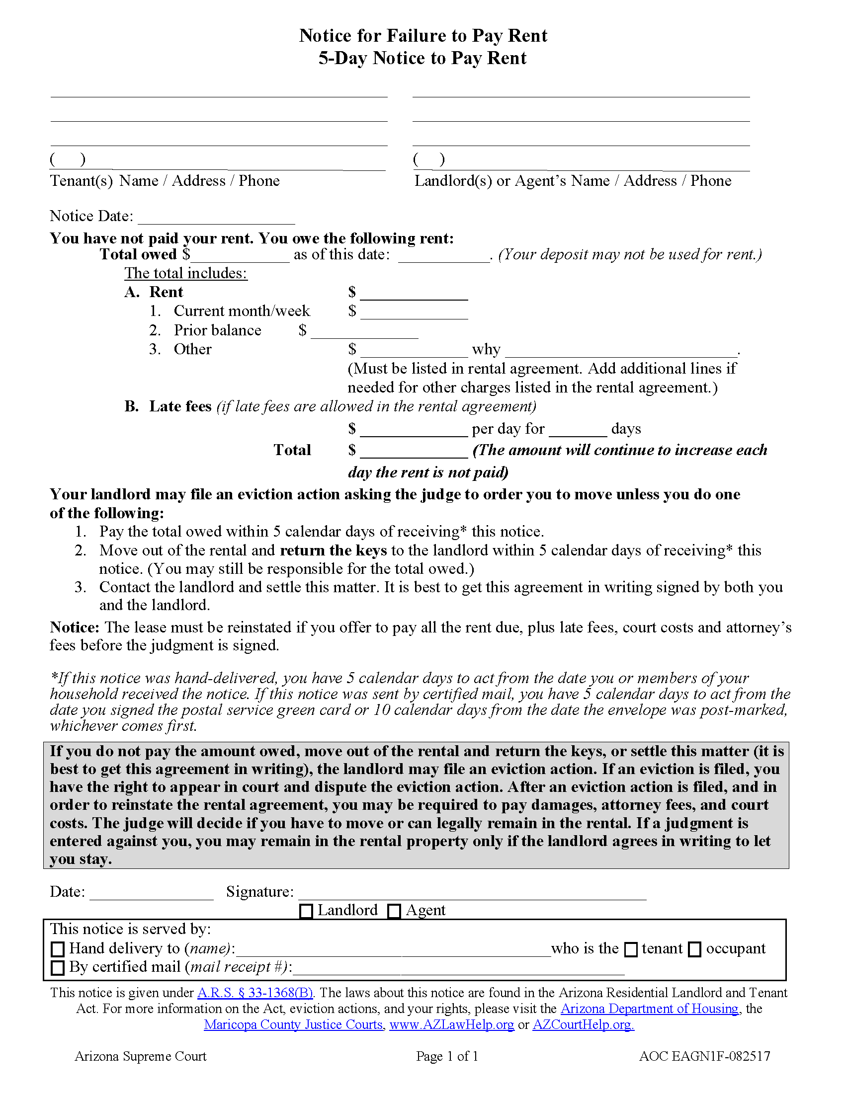 Free Arizona 5 Day Notice To Quit Non Payment PDF