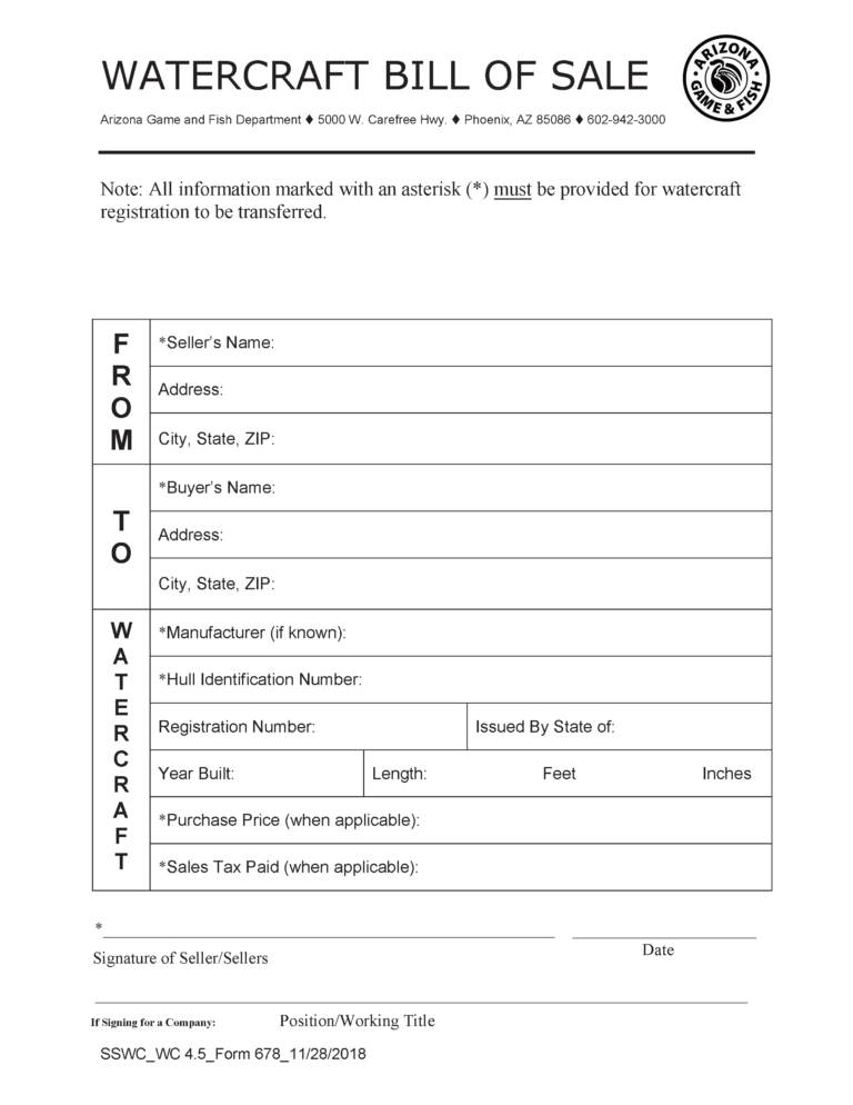 Free Arizona Boat Bill of Sale Form PDF