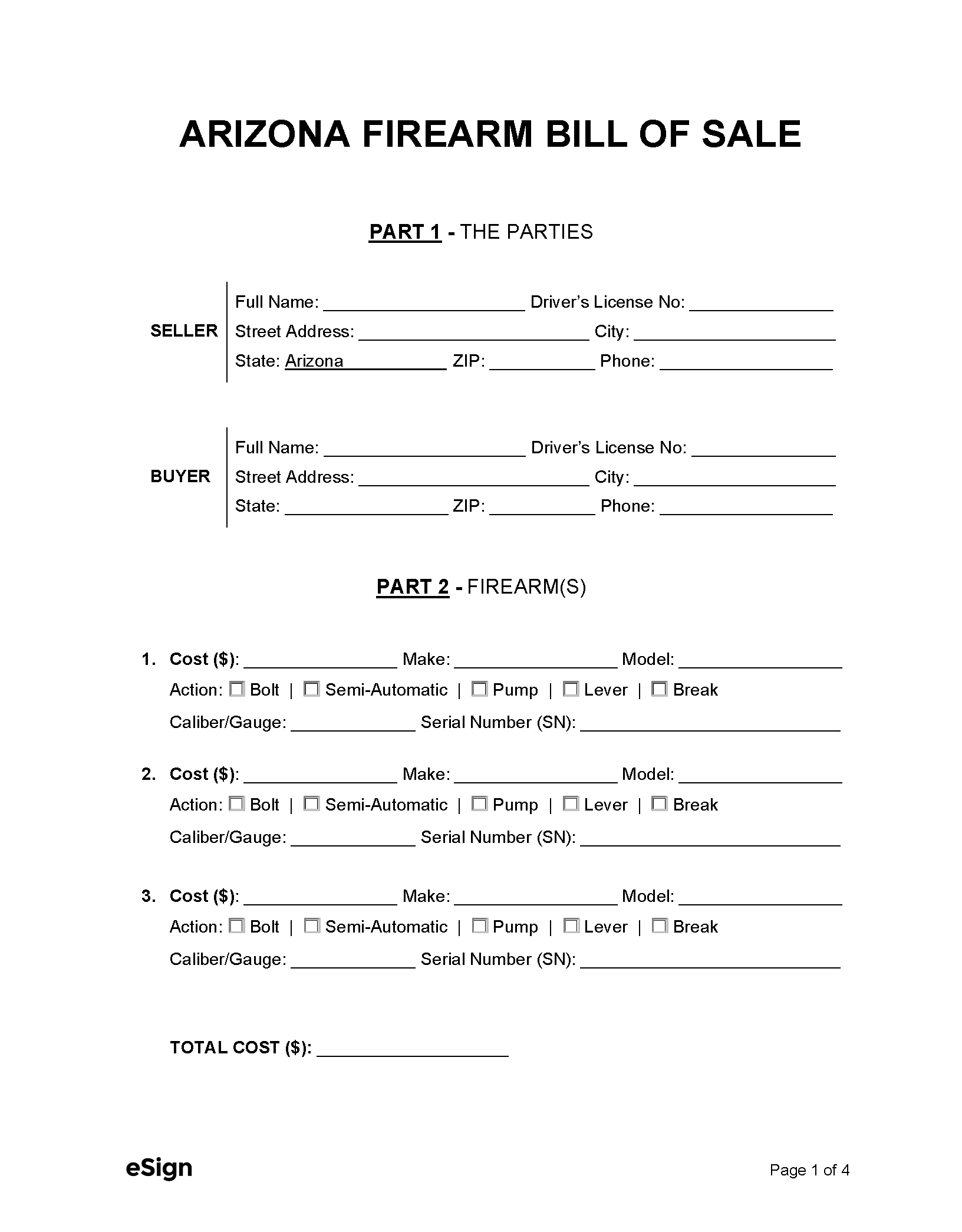 Free Arizona Firearm Bill Of Sale Form PDF Word