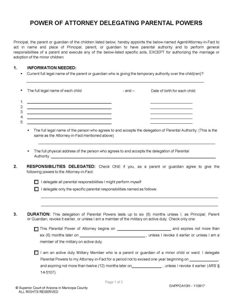 Free Arizona Minor (Child) Power of Attorney Form | PDF