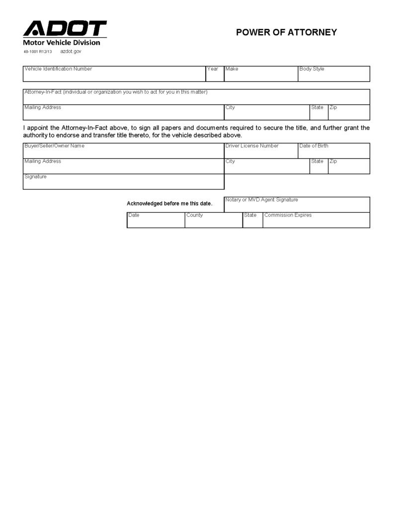Free Arizona Motor Vehicle Power of Attorney (Form 481001) PDF