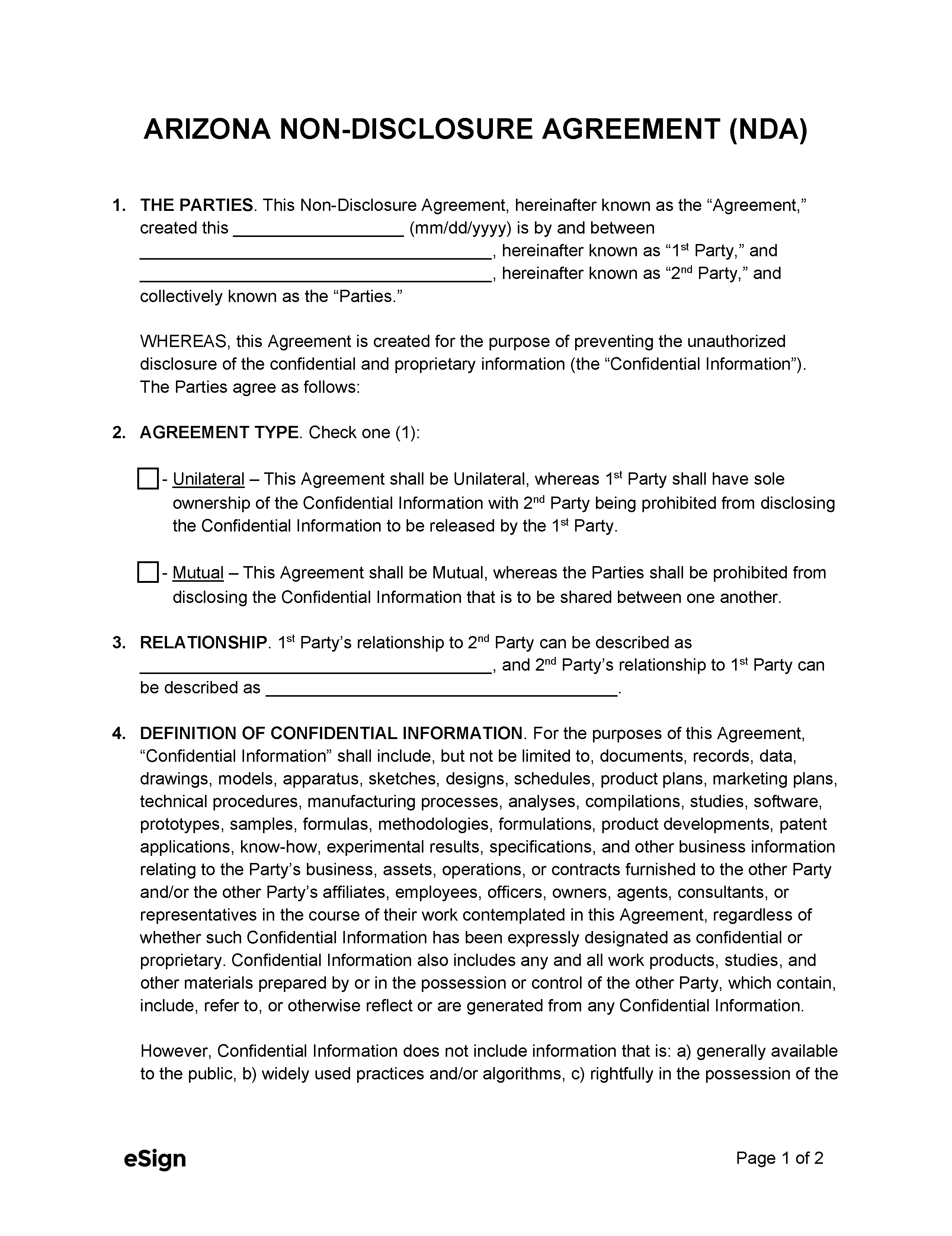 Free Arizona Non Disclosure Agreement Template PDF Word