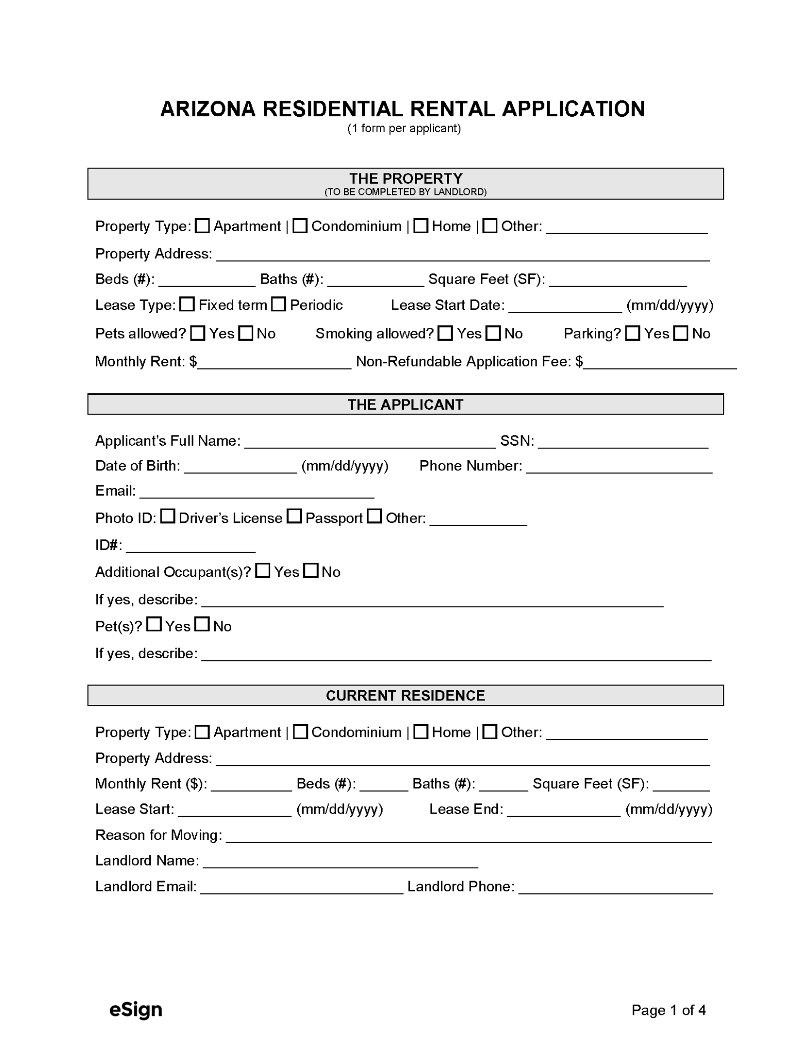 Free Arizona Rental Application Form PDF Word
