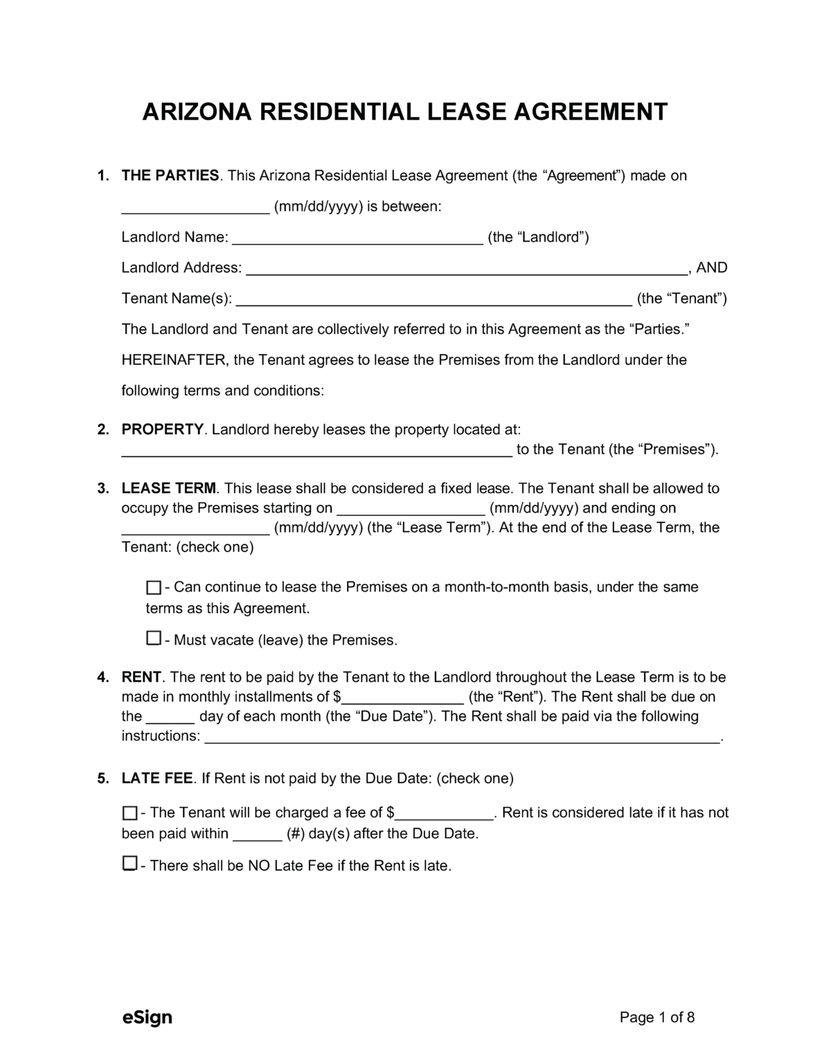Free Arizona Standard Residential Lease Agreement PDF Word