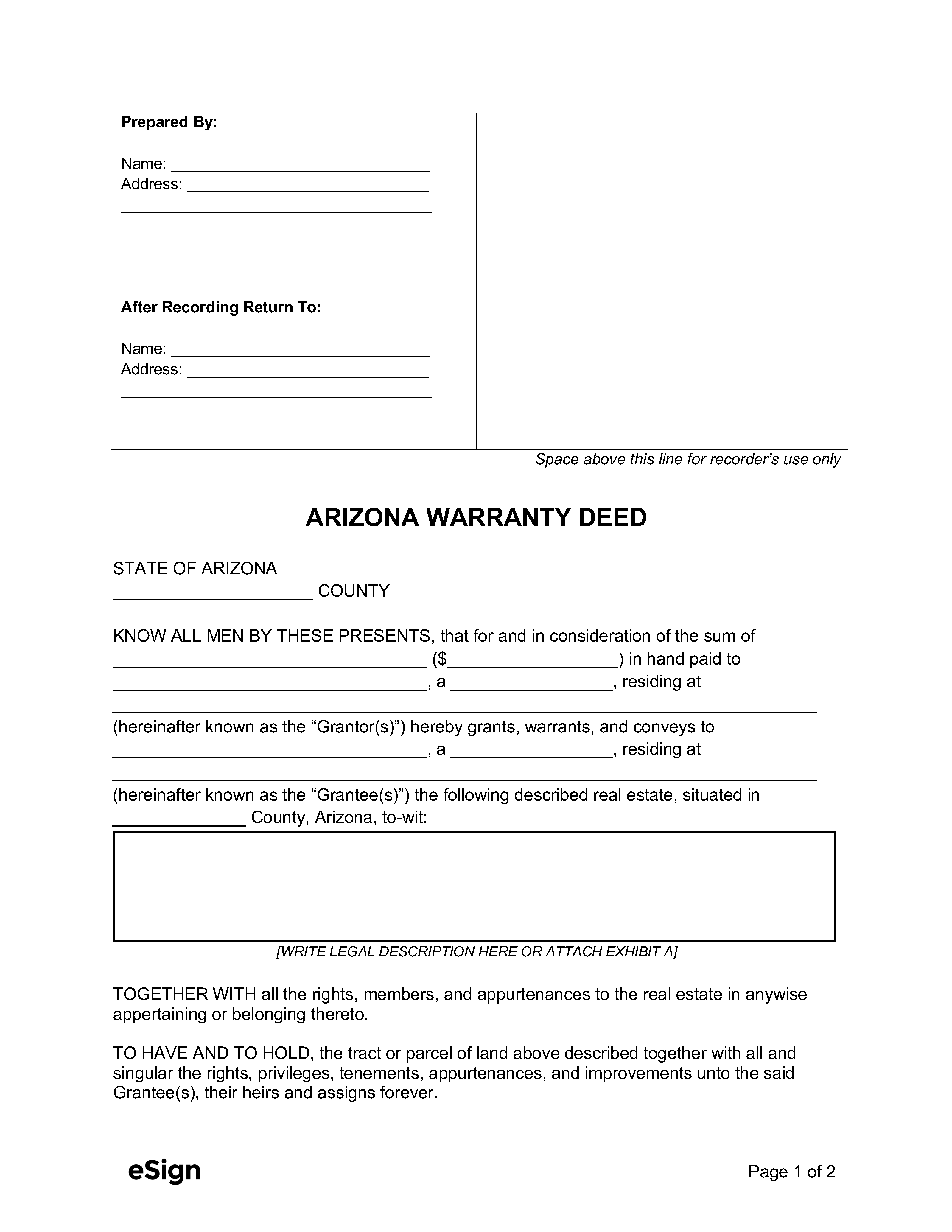 Free Arizona General Warranty Deed Form PDF Word