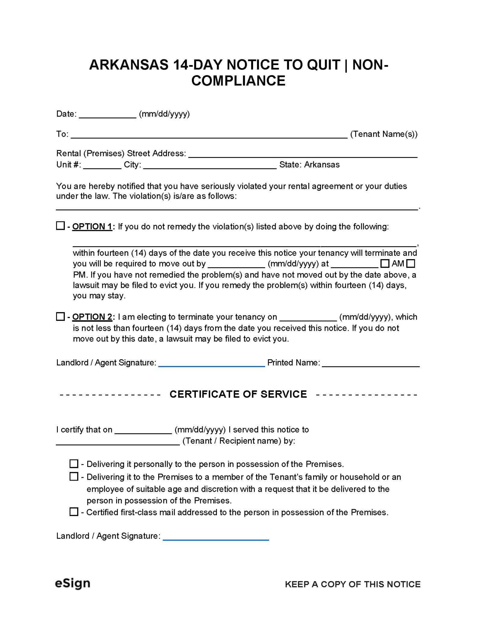 Free Arkansas 14 Day Notice to Quit Non Compliance PDF Word