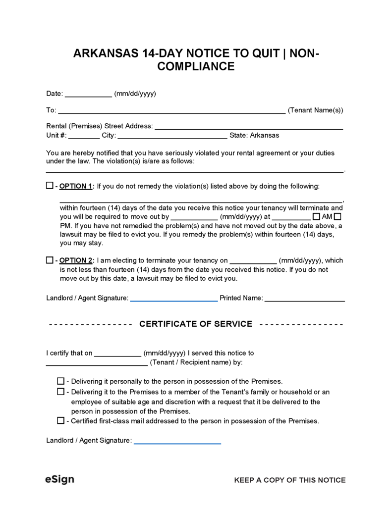 Free Arkansas 14-Day Notice to Quit | Non-Compliance | PDF | Word