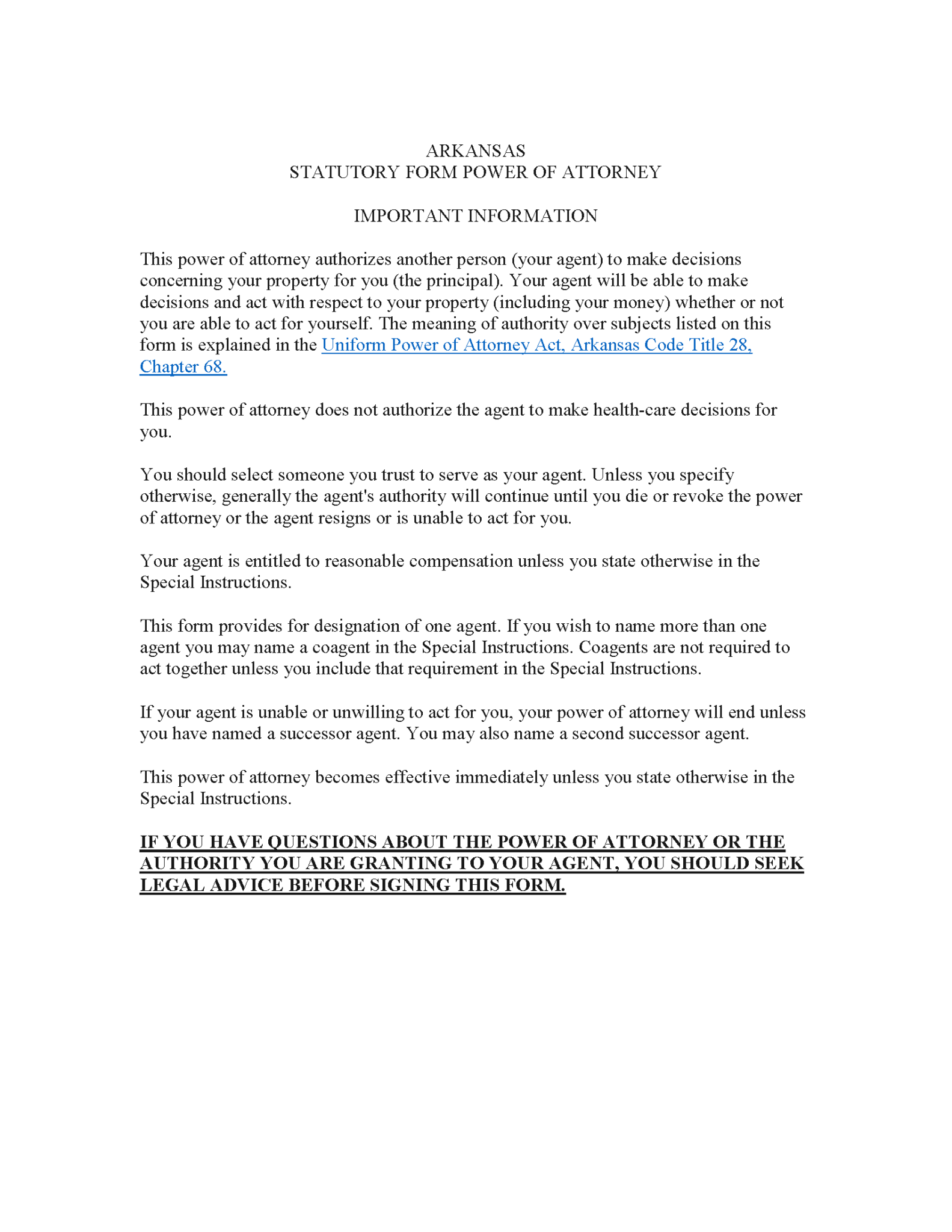 Free Arkansas General Power Of Attorney Form PDF Word