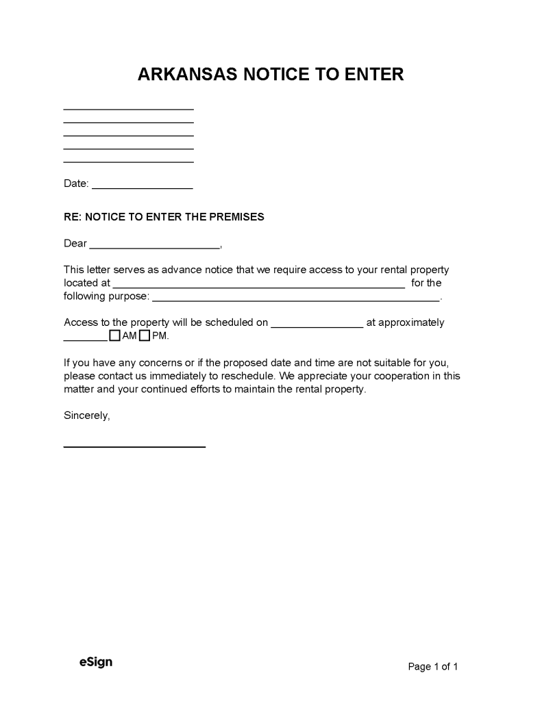 Free Arkansas Notice to Enter PDF Word