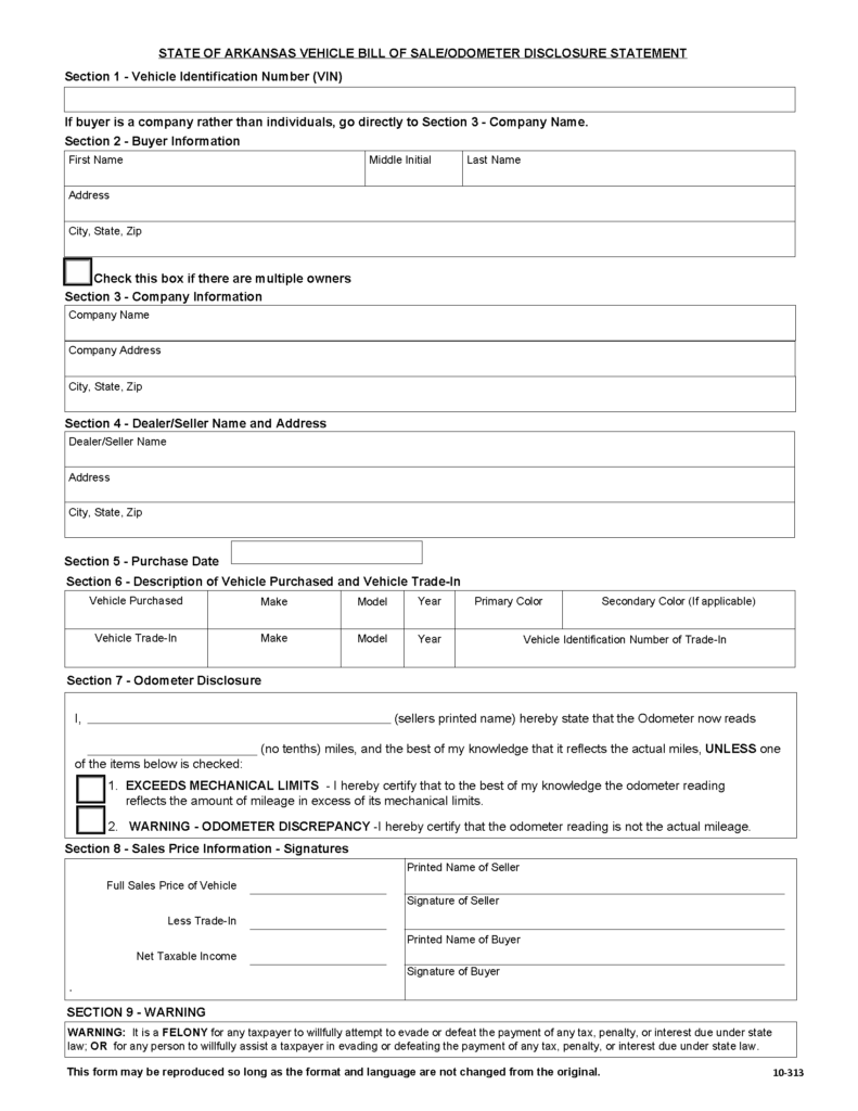 Printable Arkansas Bill Of Sale