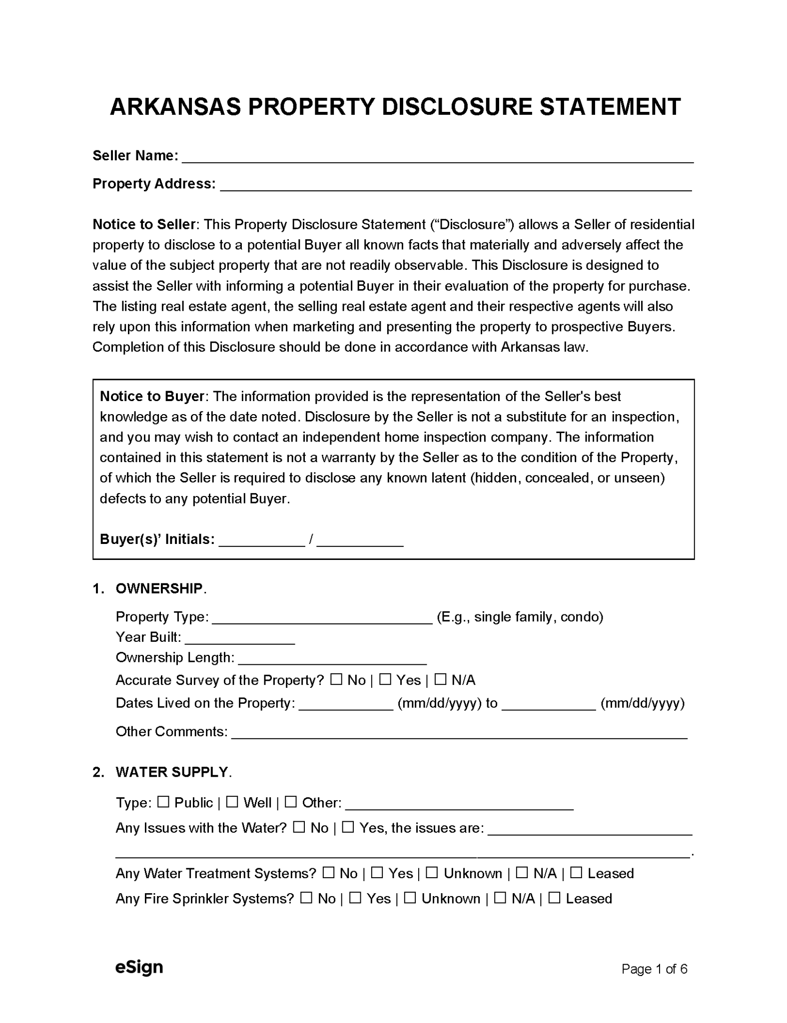 Free Arkansas Property Disclosure Statement PDF Word