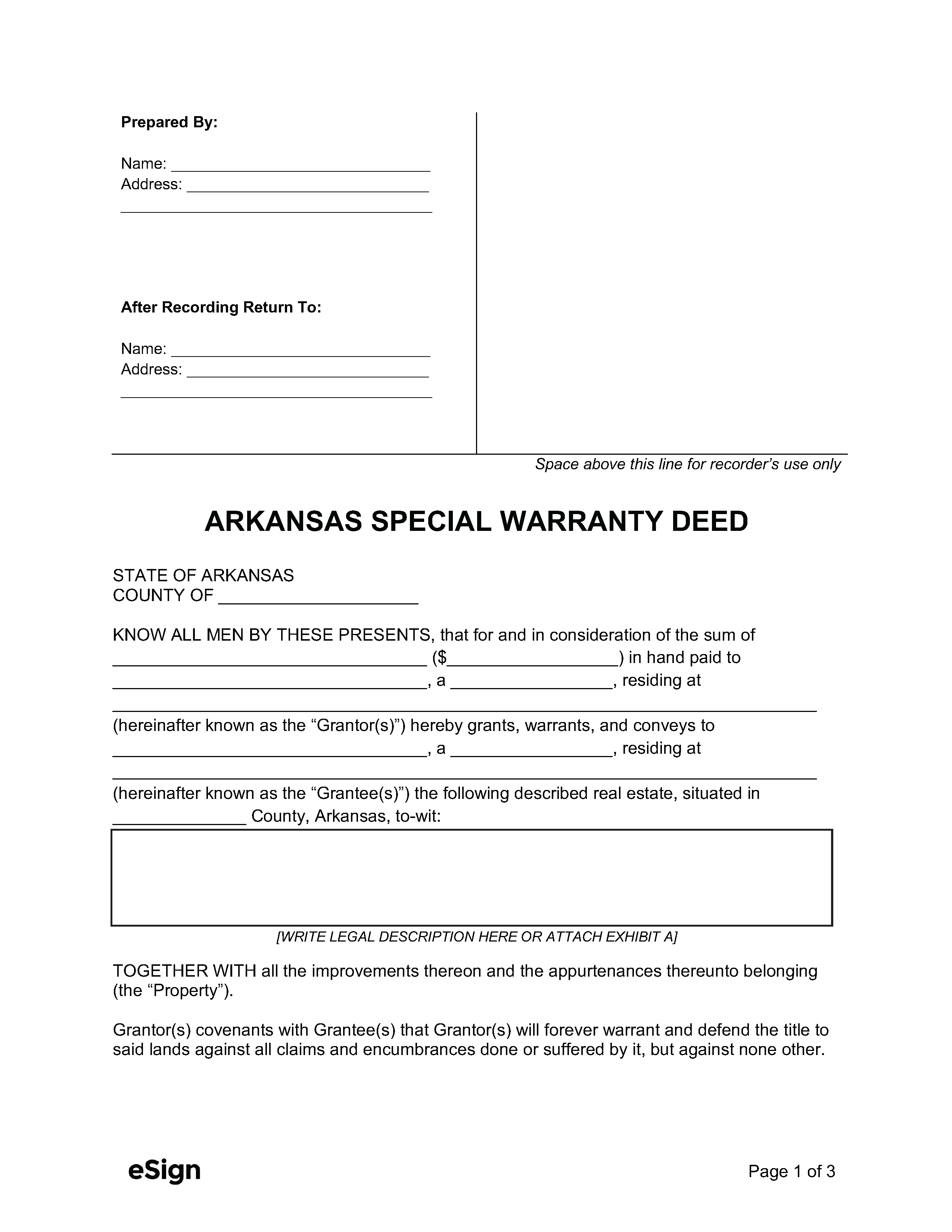 Free Arkansas Special Warranty Deed Form PDF Word