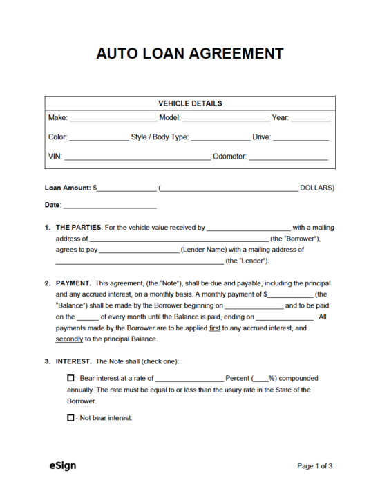 Free Auto Loan Agreement Template PDF Word