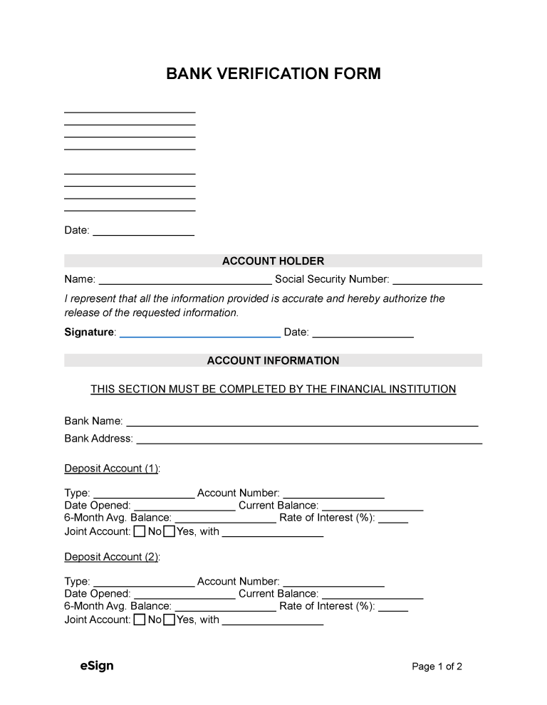 Free bank verification form pdf word