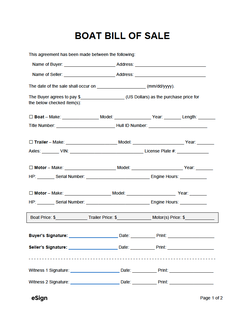 Free Boat (Vessel) Bill of Sale Forms - PDF  Word