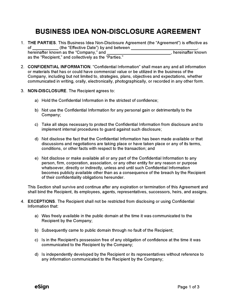 Free Business Idea Non Disclosure Agreement (NDA) PDF Word Free Business Idea Non Disclosure Agreement (NDA) PDF Word