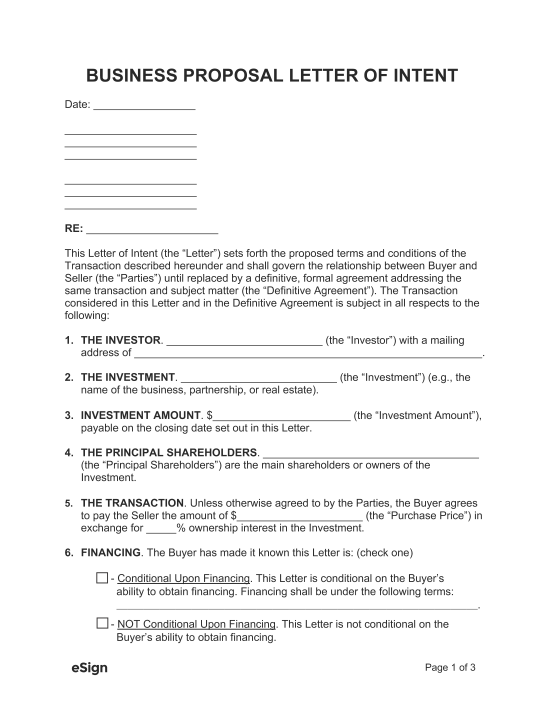 Free Business Proposal Letter Of Intent Template Pdf Word