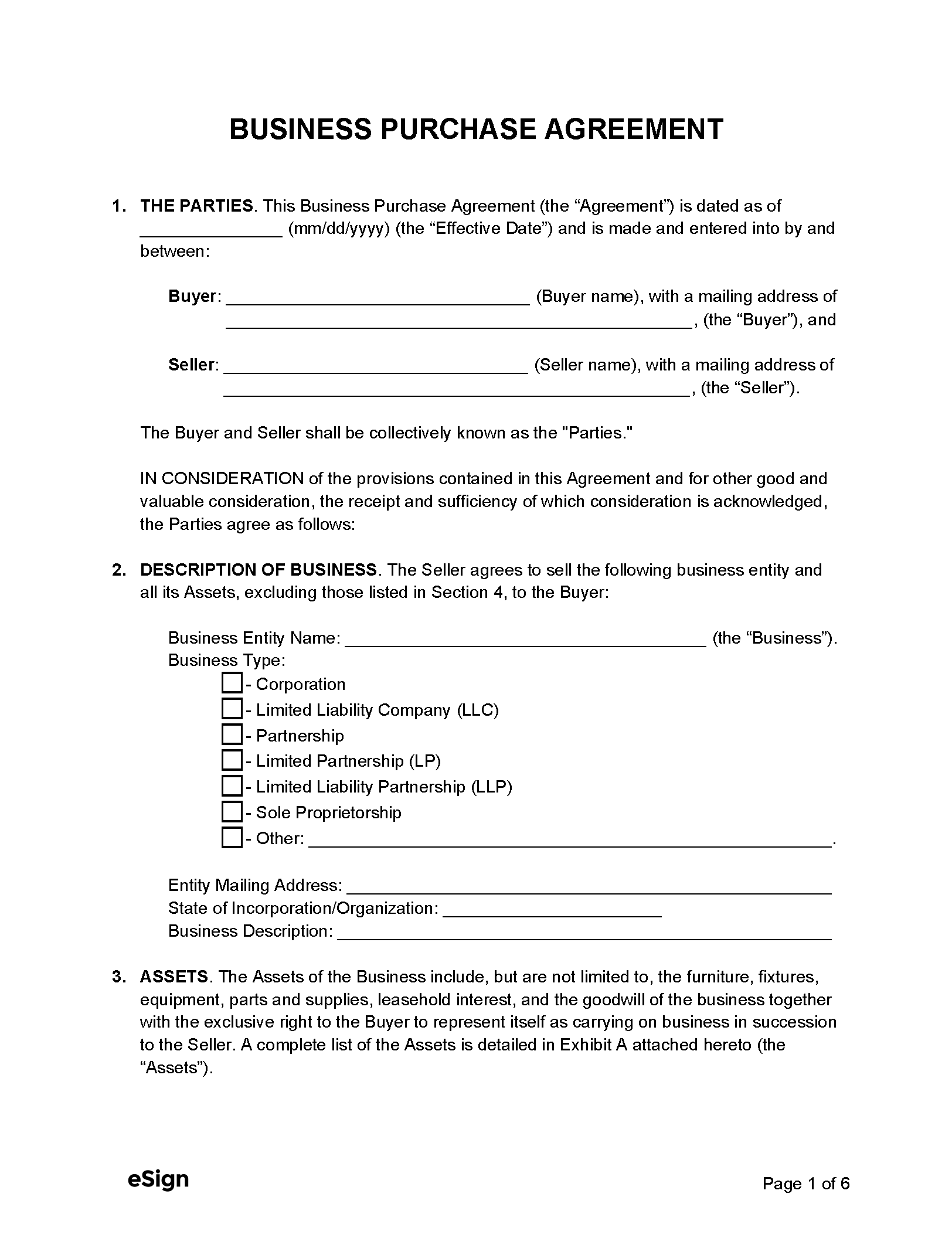 business purchase agreement template