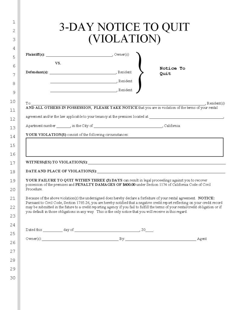 Free California 3 Day Notice To Quit Curable Non Compliance PDF