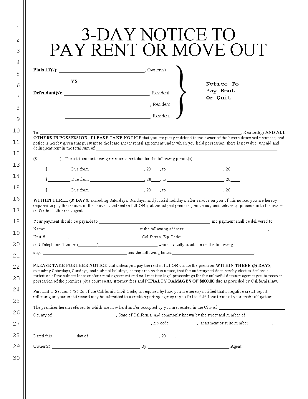 Free California 3 Day Notice To Quit Non Payment PDF Word