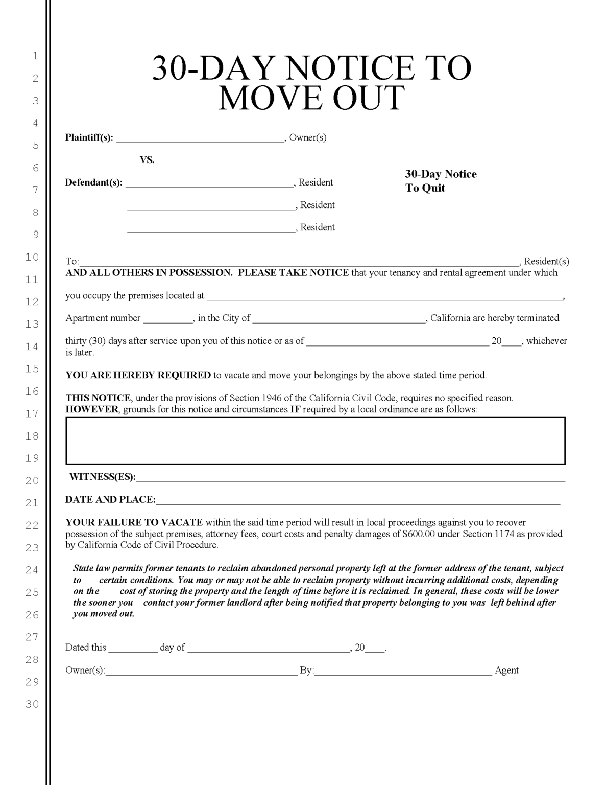 Free California 30Day Notice to Quit Lease Termination (Under 1 Year