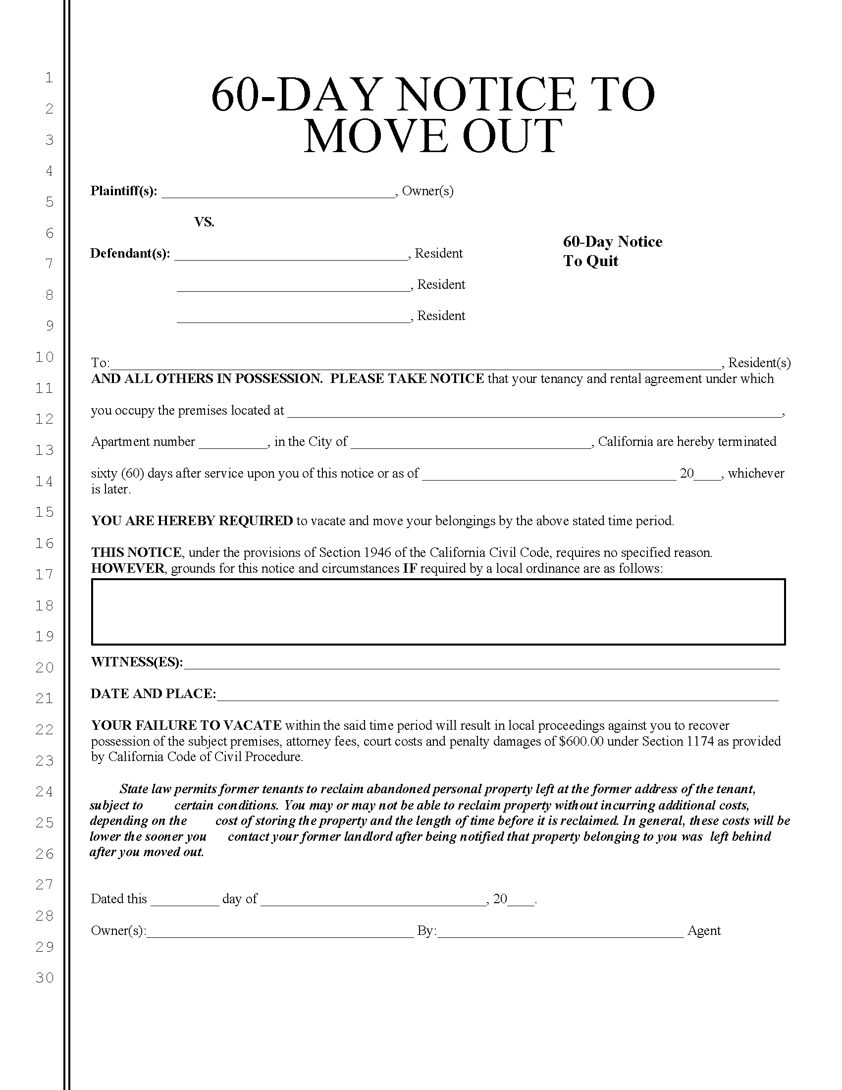 Free California 30 Day Notice To Quit Lease Termination Under 1 Year 