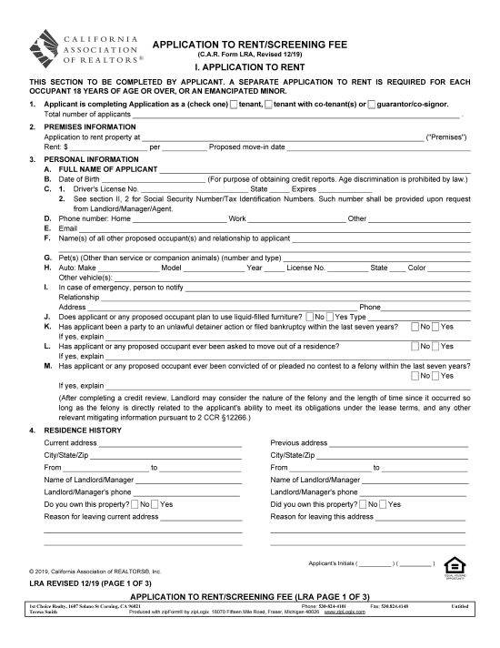 free california rental application form pdf word