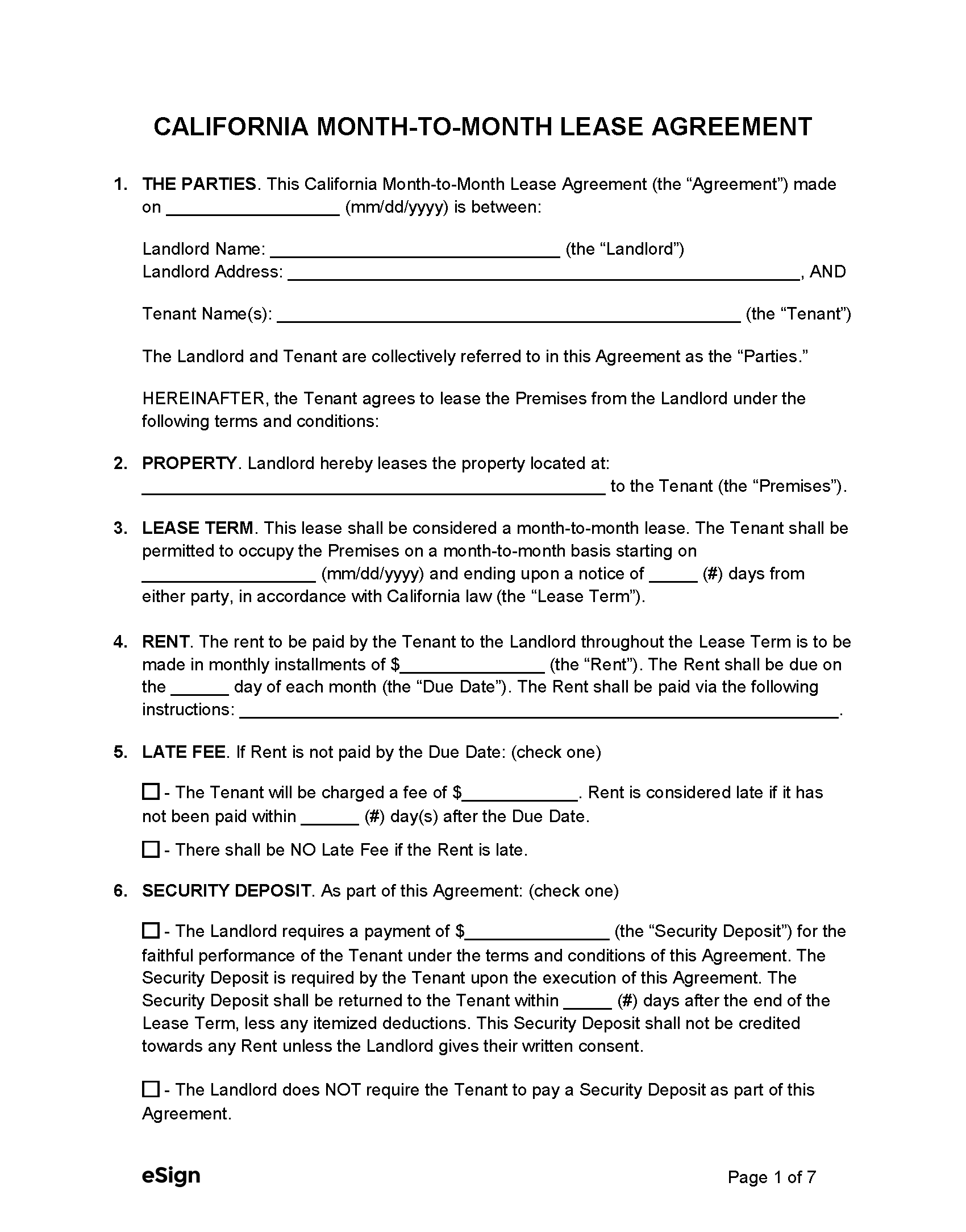 Free California Month to Month Lease Agreement Template PDF Word